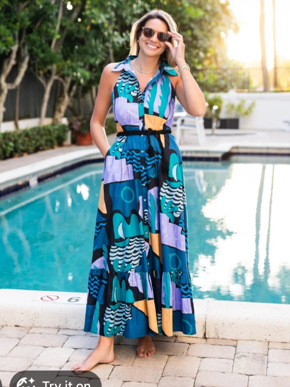 Oliphant Sleeveless Collared Maxi Dress in Teal, Lavender & Mustard
